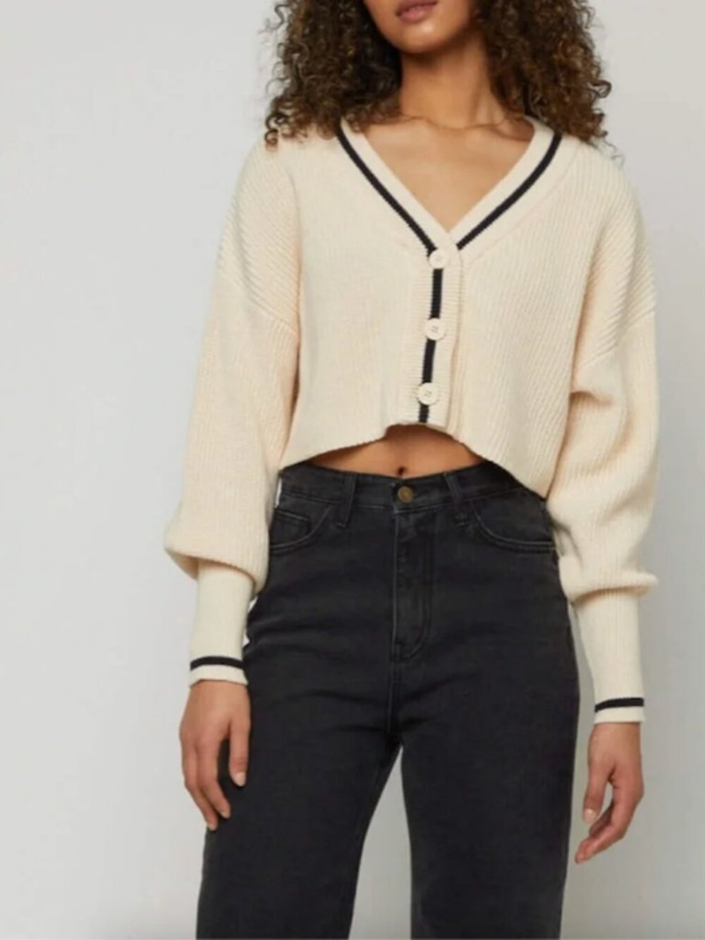 Oak + Fort Varsity Cardigan Sweater Cropped Cream Black Striped Ribbed Size XS